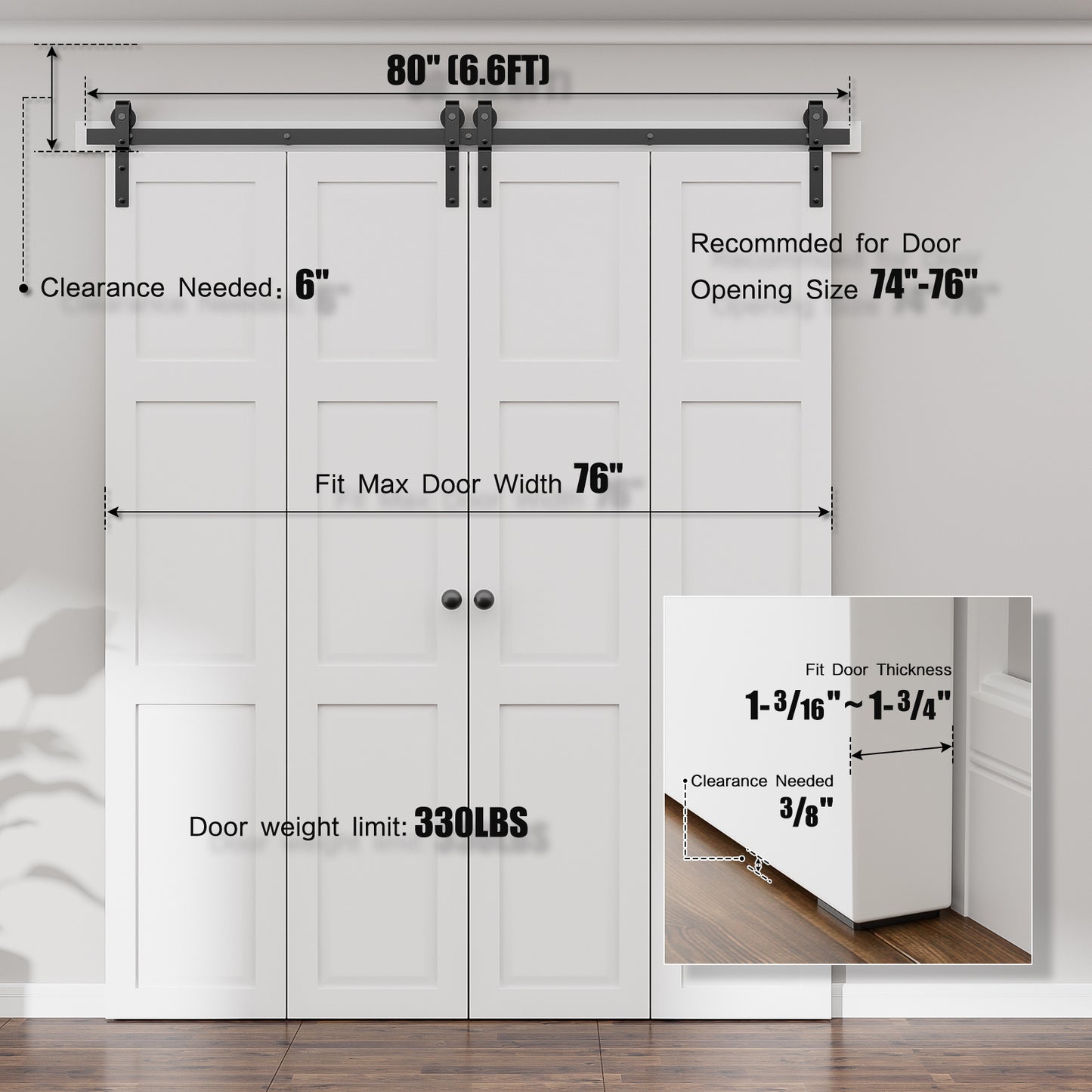 80" Bi-Folding Sliding Barn Door Hardware Kit,6.6FT Heavy Duty Track Roller Kit for Max 19" x 4 Doors,Smoothly and Quietly,Easy to Install,No Door Panel,Black