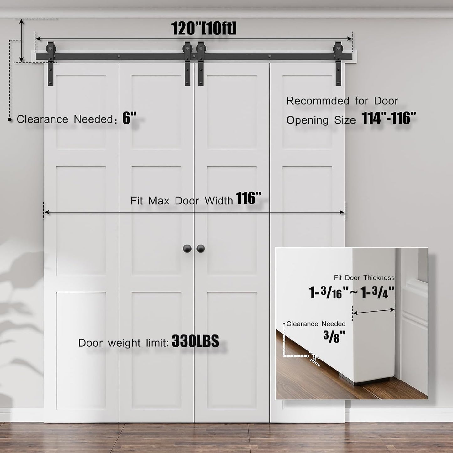 120" Bi-Folding Sliding Barn Door Hardware Kit,10FT Heavy Duty Track Roller Kit for Max 29" x 4 Doors,Smoothly and Quietly,Easy to Install,No Door Panel,Black