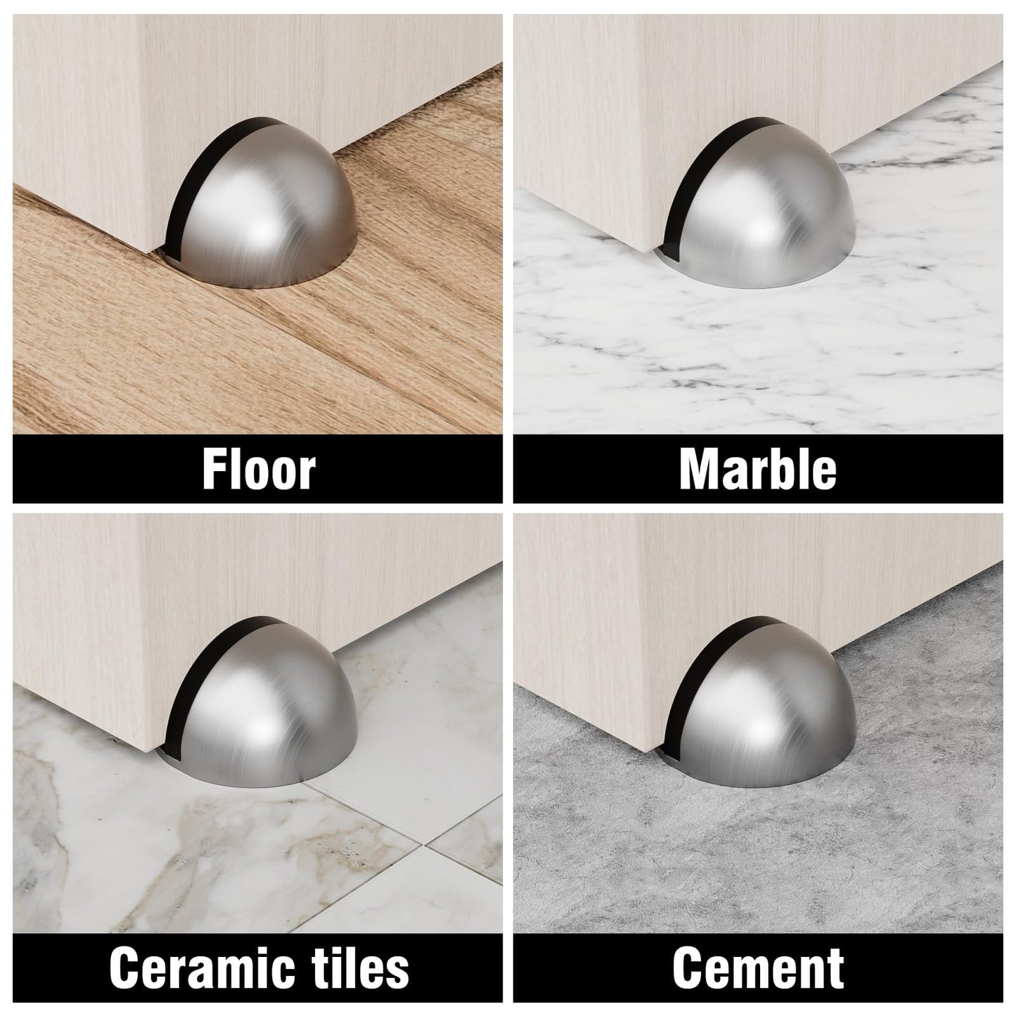 4 Pack Door Stoppers, Stainless Steel, Adhesive Floor Door Stop, No Drill, Non-Magnetic, for Living Room, Bedroom, Bathroom, Office