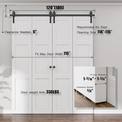 120" Bi-Folding Sliding Barn Door Hardware Kit,10FT Heavy Duty Track Roller Kit for Max 29" x 4 Doors,Smoothly and Quietly,Easy to Install,No Door Panel,Black