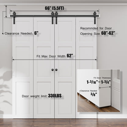 66" Bi-Folding Sliding Barn Door Hardware Kit, 5.5FT Heavy Duty Track Roller Kit for 4 Doors Side Mounted,Smoothly and Quietly,Easy to Install,No Door Panel,Black