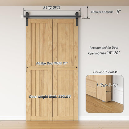 24" Bi-Folding Sliding Barn Door Hardware Kit, 2FT Heavy Duty Track Roller Kit for 2 Doors Side Mounted,Smoothly and Quietly,Easy to Install,No Door Panel,Black
