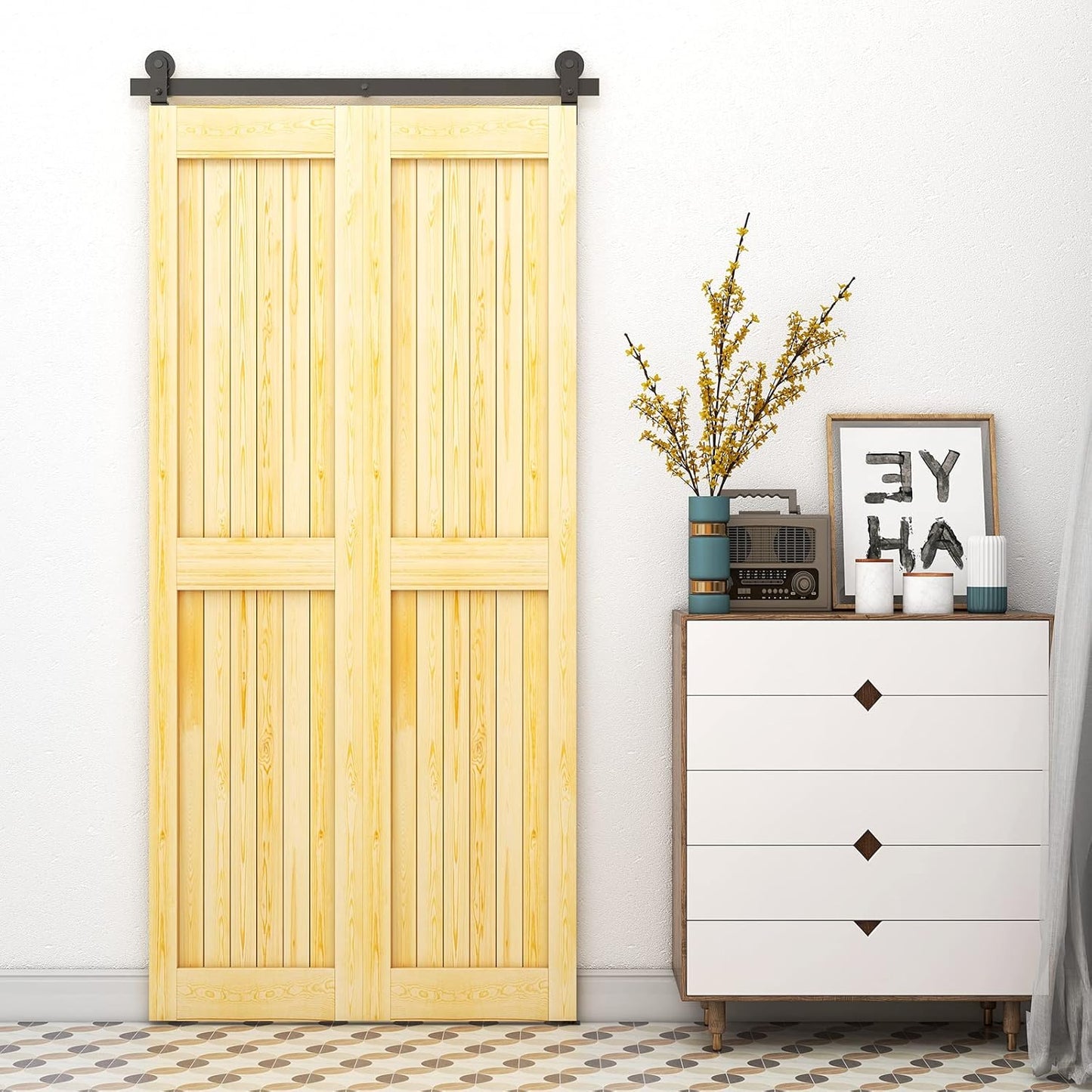 48" Bi-Folding Sliding Barn Door Hardware Kit, 4FT Bi Fold Barn Door Hardware Kit for 2 Doors, Max Door Width 22", Smoothly and Quietly, Easy to Install, No Door Panel, Black