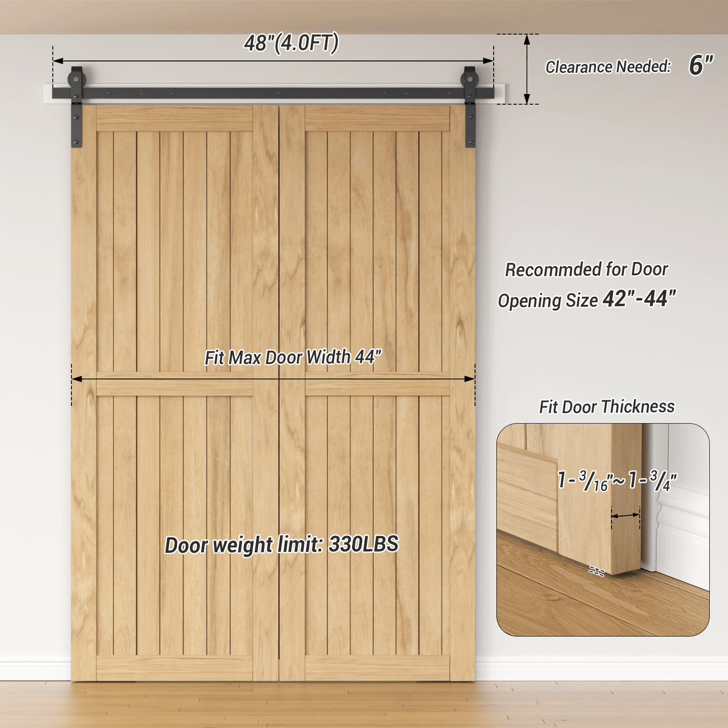 48" Bi-Folding Sliding Barn Door Hardware Kit,4FT Heavy Duty Track Roller Kit for Max 22" x 2 Doors,Smoothly and Quietly,Easy to Install,No Door Panel,Black