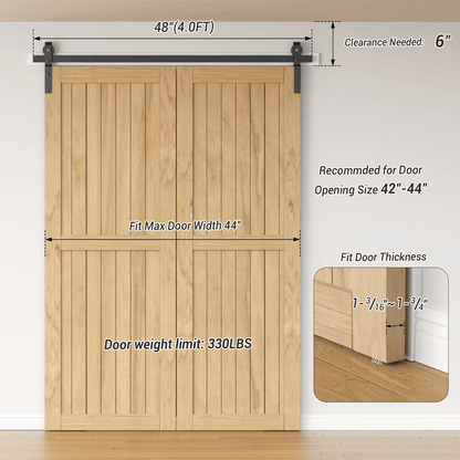 48" Bi-Folding Sliding Barn Door Hardware Kit,4FT Heavy Duty Track Roller Kit for Max 22" x 2 Doors,Smoothly and Quietly,Easy to Install,No Door Panel,Black