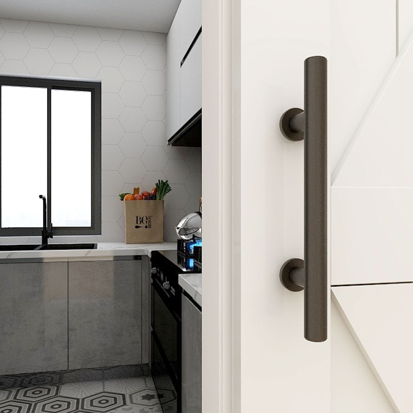 2 Pack Modern 9.5" Sliding Barn Door Pull Handle with Flush Hardware Set Rustic Design Black Powder Coated Finish, Anti-Rust, Heavy Duty Both Side Handles Design