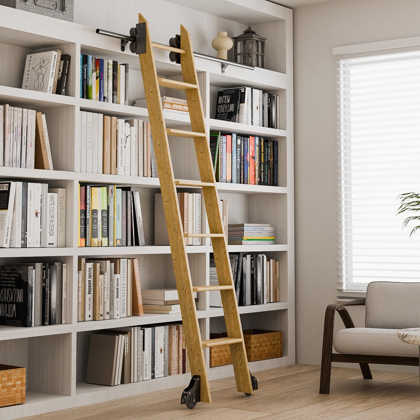 Rolling Library Ladder Hardware Kit, 3.3FT Round Tube Track Sliding Library Ladder Hardware Kit, Floor Rollers with Brake, Rolling Ladder Hardware Kit for Library, Bookshelf (No Ladder)