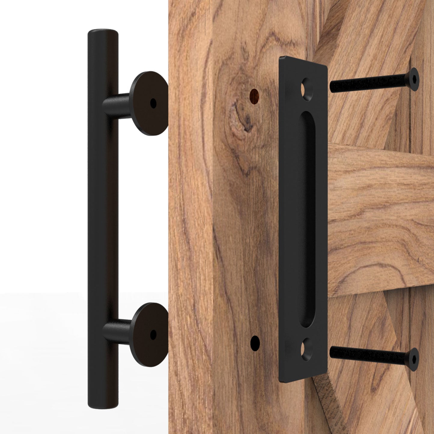 2 Pack Modern 9.5" Sliding Barn Door Pull Handle with Flush Hardware Set Rustic Design Black Powder Coated Finish, Anti-Rust, Heavy Duty Both Side Handles Design