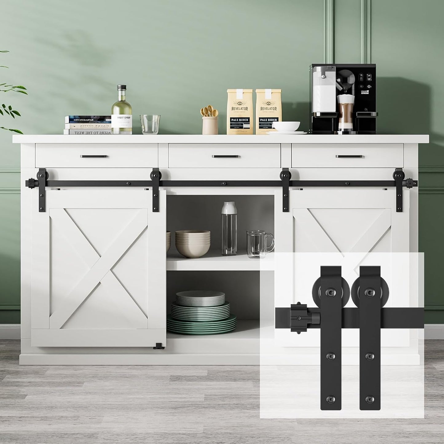 TOIMIOTOIM 6FT Super Mini Barn Door Hardware Kit,Small Sliding Door Track Roller Kit for Double Door Cabinets,TV Stand,Wardrobe,J Shape Hanger(No Cabinet)