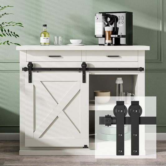 TOIMIOTOIM 3.5FT Super Mini Barn Door Hardware Kit,Small Sliding Door Track Roller Kit for Single Door Cabinets,TV Stand,Wardrobe,J Shape Hanger(No Cabinet)