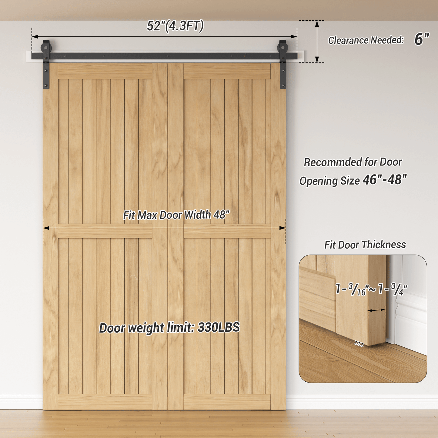 52" Bi-Folding Sliding Barn Door Hardware Kit,4.3FT Heavy Duty Track Roller Kit for Max 24" x 2 Doors,Smoothly and Quietly,Easy to Install,No Door Panel,Black