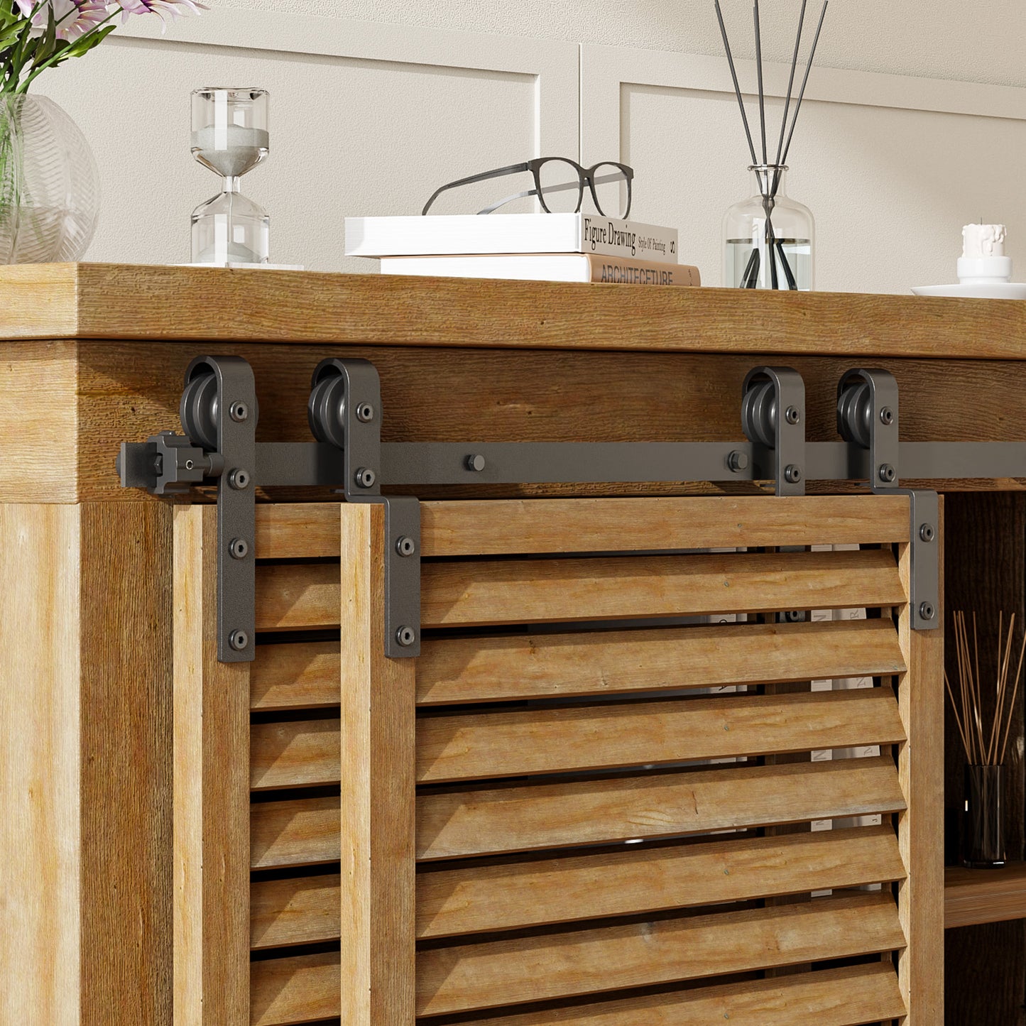 8FT Bypass Mini Sliding Barn Door Hardware Kit for 2 Doors, Super Mini Barn Door Track Set, Apply for Storage Window TV Stand Closet (No Cabinet)