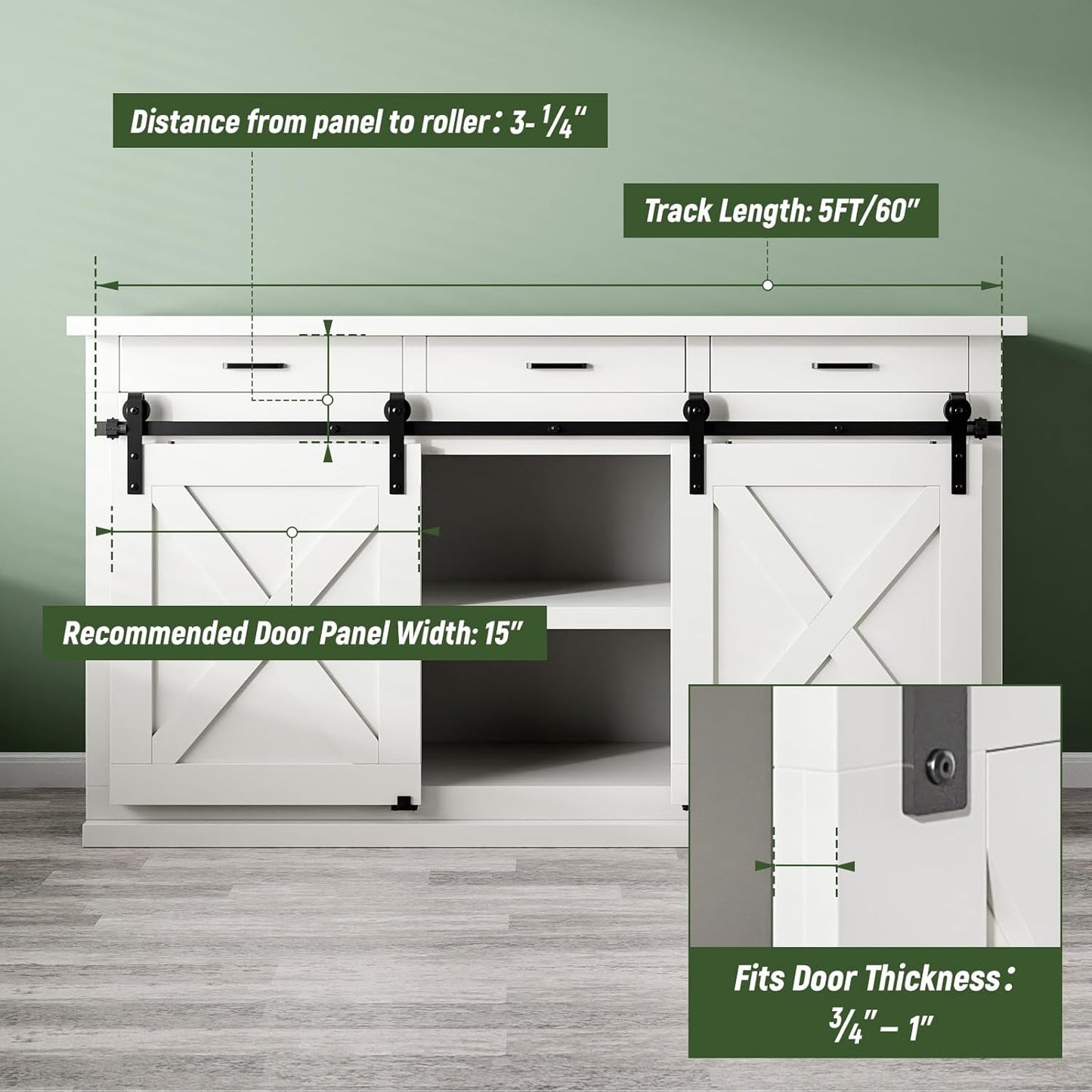 TOIMIOTOIM 5FT Super Mini Barn Door Hardware Kit,Small Sliding Door Track Roller Kit for Double Door Cabinets,TV Stand,Wardrobe,J Shape Hanger(No Cabinet)