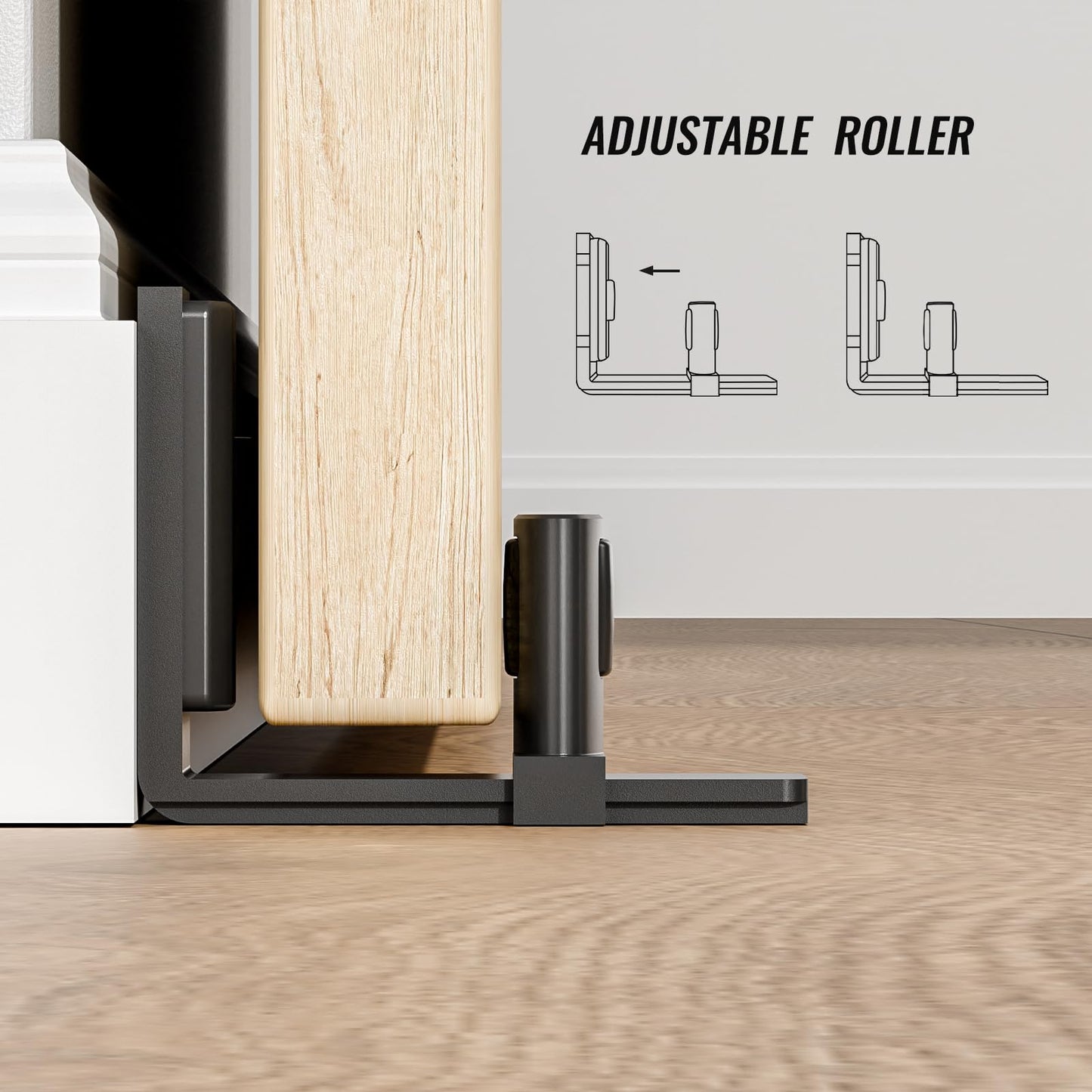 Upgraded Sliding Barn Door Bottom Floor Guide with Adjustable Roller, Wall Mount Floor Guide, Smoothly and Quietly, Easy to Install, Fits up to 2" Thickness Door, Black