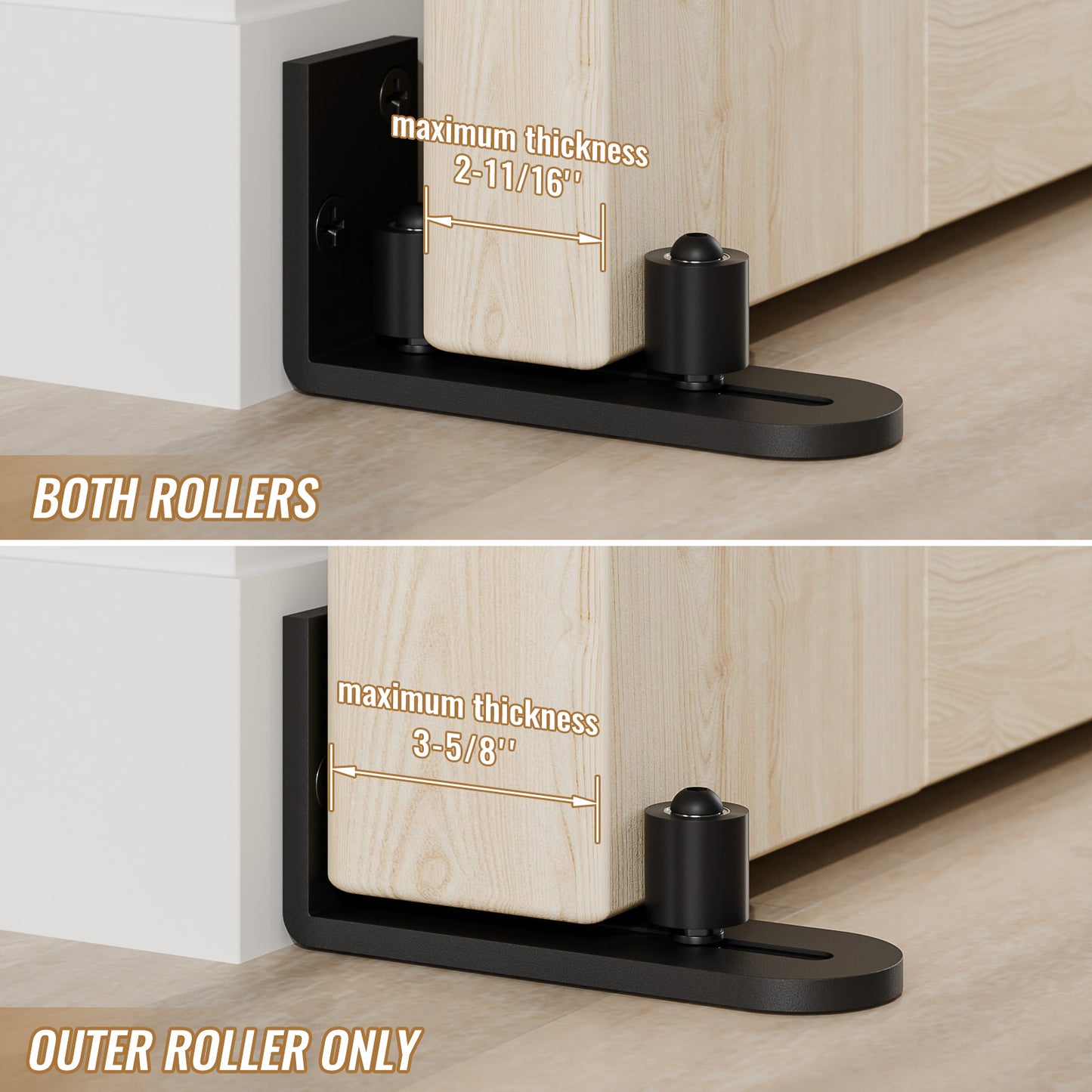 2 Pack Sliding Barn Door Bottom Floor Guide, Wall Mounted Roller Guides Ball Bearings Adjustable Stay Roller, Flat Bottom Design Style, Black