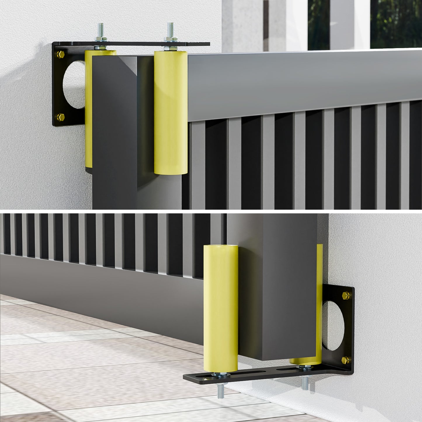 Heavy Duty Slide Gate Guide Roller 6" Sliding Gate Roller L Rear Post Bracket, Iron Gate Guide Wheel Pulley, Adjustable Bolts Slide Gate Support Assembly for Sliding Rolling Gates