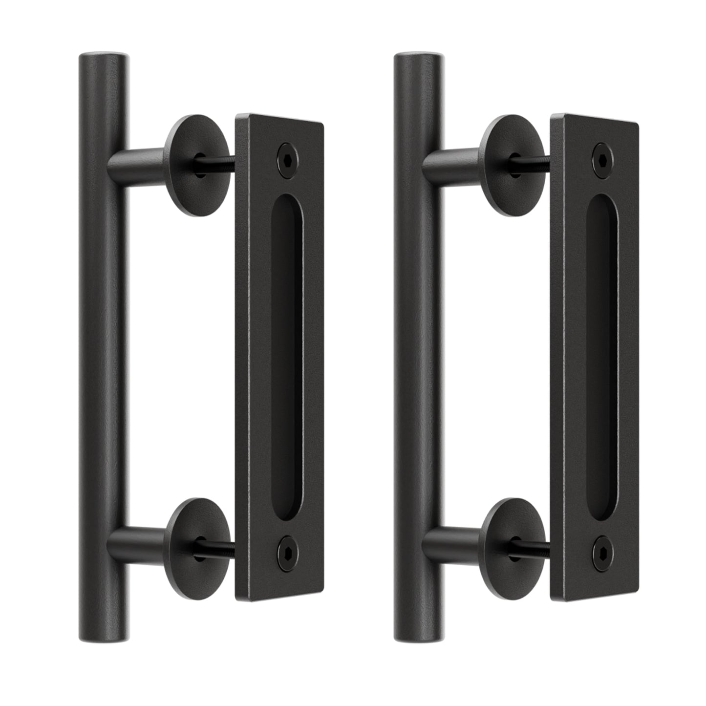 2 Pack Modern 9.5" Sliding Barn Door Pull Handle with Flush Hardware Set Rustic Design Black Powder Coated Finish, Anti-Rust, Heavy Duty Both Side Handles Design