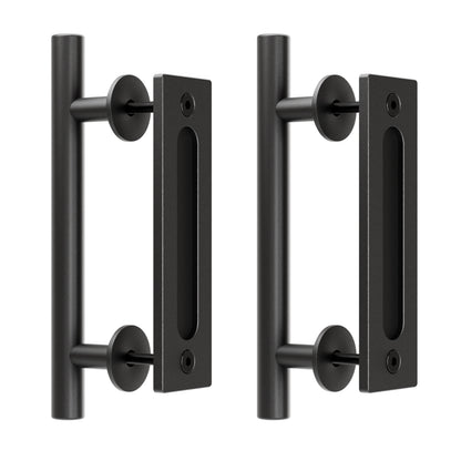2 Pack Modern 9.5" Sliding Barn Door Pull Handle with Flush Hardware Set Rustic Design Black Powder Coated Finish, Anti-Rust, Heavy Duty Both Side Handles Design