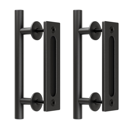 2 Pack Modern 9.5" Sliding Barn Door Pull Handle with Flush Hardware Set Rustic Design Black Powder Coated Finish, Anti-Rust, Heavy Duty Both Side Handles Design