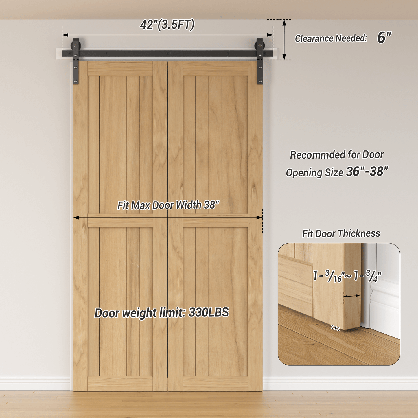 42" Bi-Folding Sliding Barn Door Hardware Kit,3.5FT Heavy Duty Track Roller Kit for Max 19" x 2 Doors,Smoothly and Quietly,Easy to Install,No Door Panel,Black