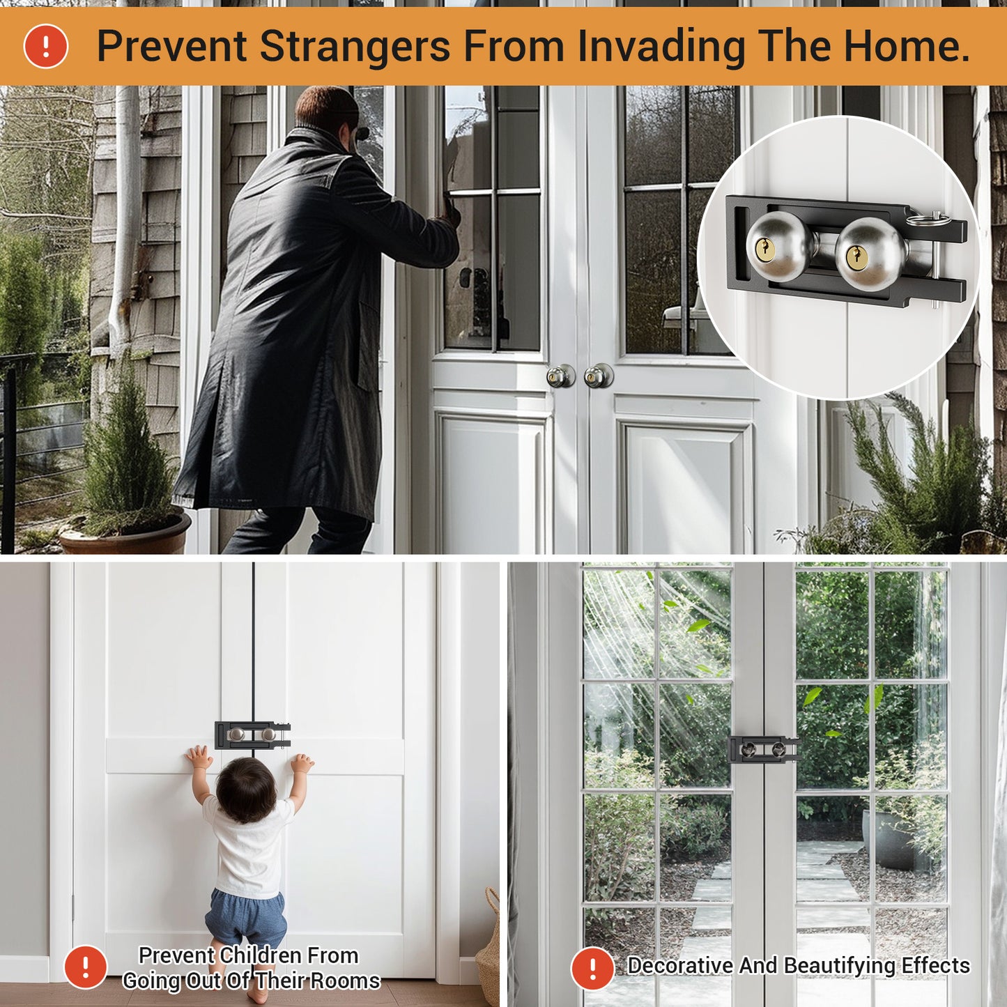 Double Door French Door Locks, Adjustable Childproof French Door Security,Easy Adjustable French Door Locks,Lock Picking,Black