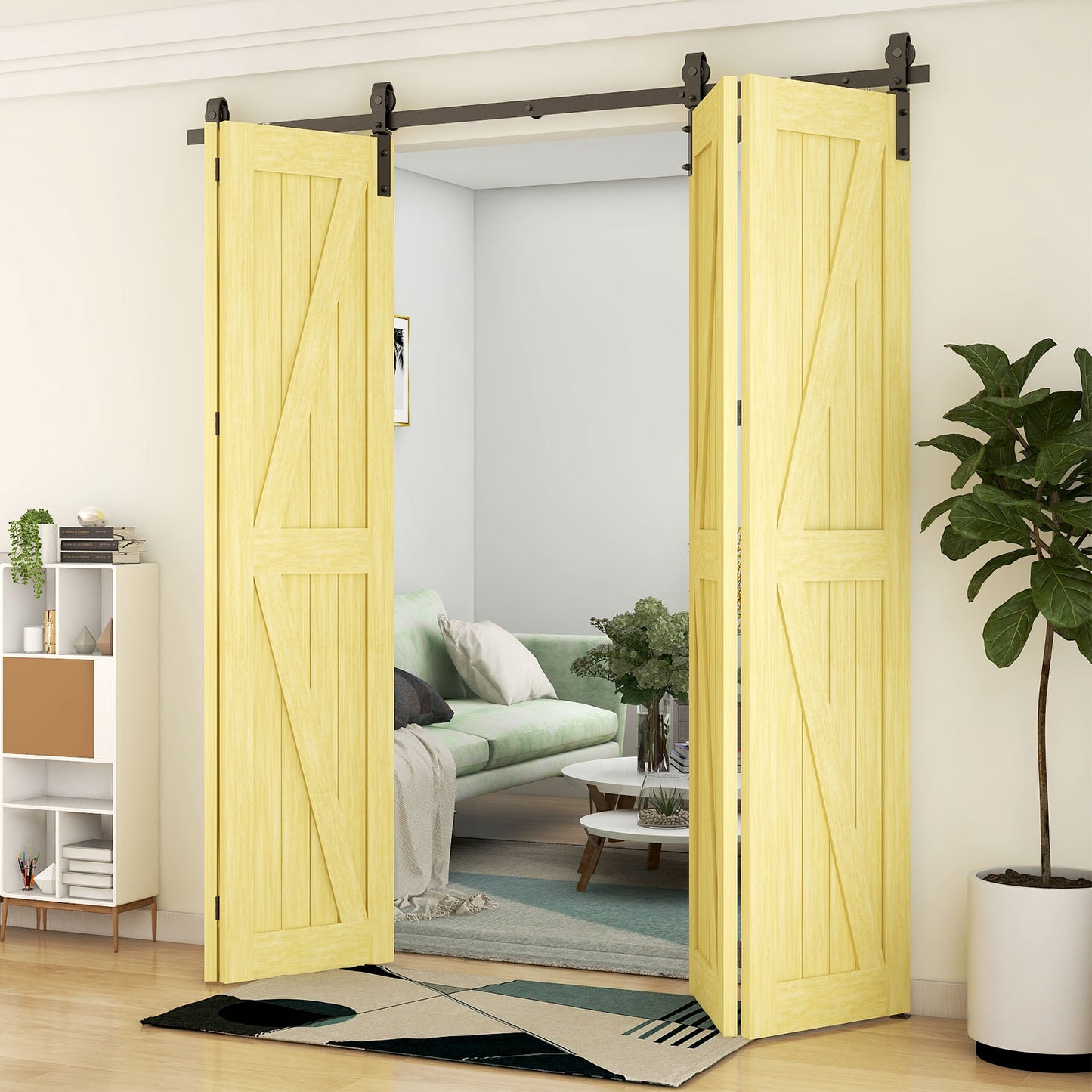 66" Bi-Folding Sliding Barn Door Hardware Kit, 5.5FT Heavy Duty Track Roller Kit for 4 Doors Side Mounted,Smoothly and Quietly,Easy to Install,No Door Panel,Black