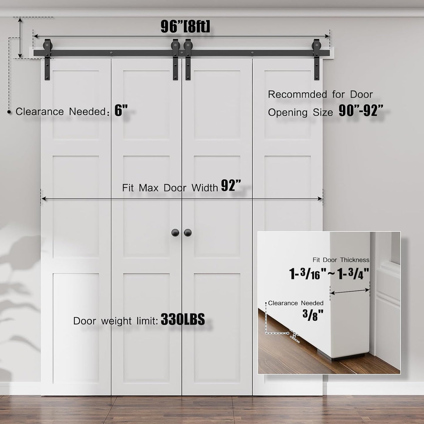 96" Bi-Folding Sliding Barn Door Hardware Kit,8FT Heavy Duty Track Roller Kit for Max 23" x 4 Doors,Smoothly and Quietly,Easy to Install,No Door Panel,Black
