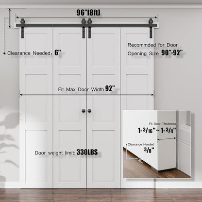 96" Bi-Folding Sliding Barn Door Hardware Kit,8FT Heavy Duty Track Roller Kit for Max 23" x 4 Doors,Smoothly and Quietly,Easy to Install,No Door Panel,Black
