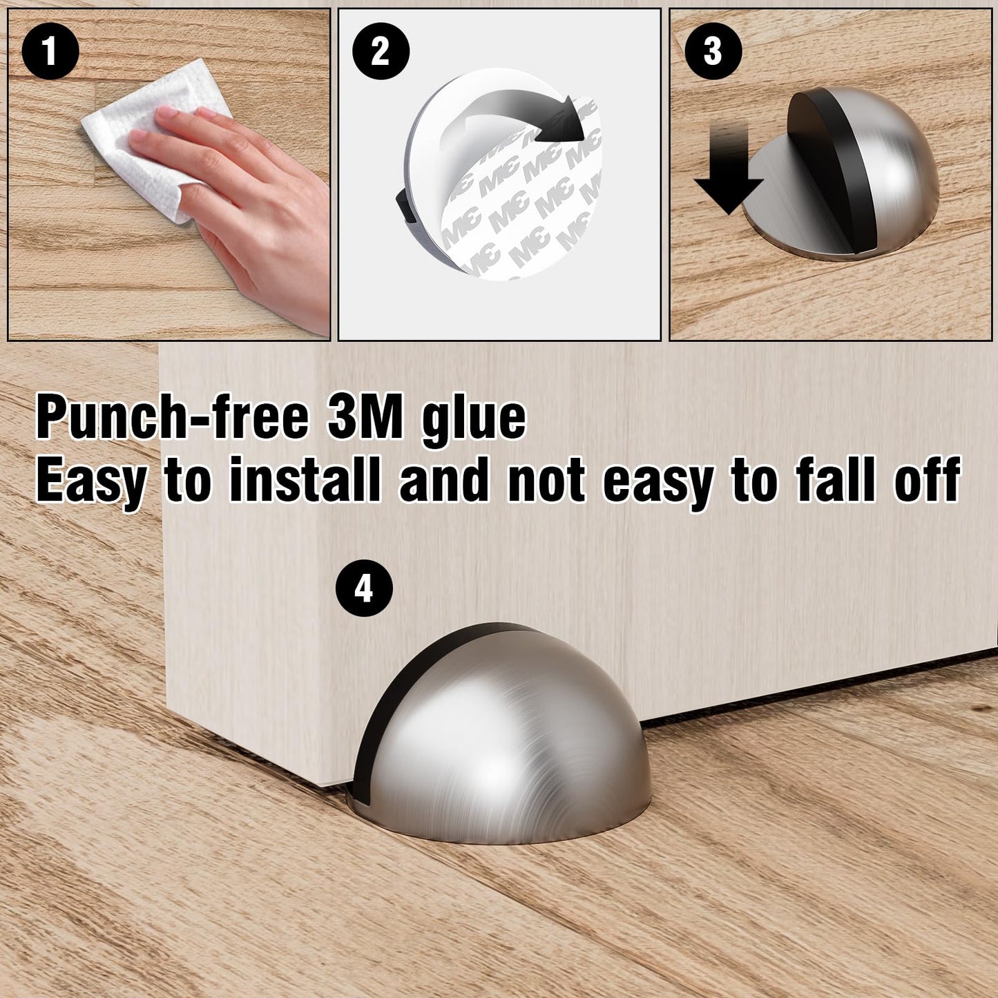 4 Pack Door Stoppers, Stainless Steel, Adhesive Floor Door Stop, No Drill, Non-Magnetic, for Living Room, Bedroom, Bathroom, Office