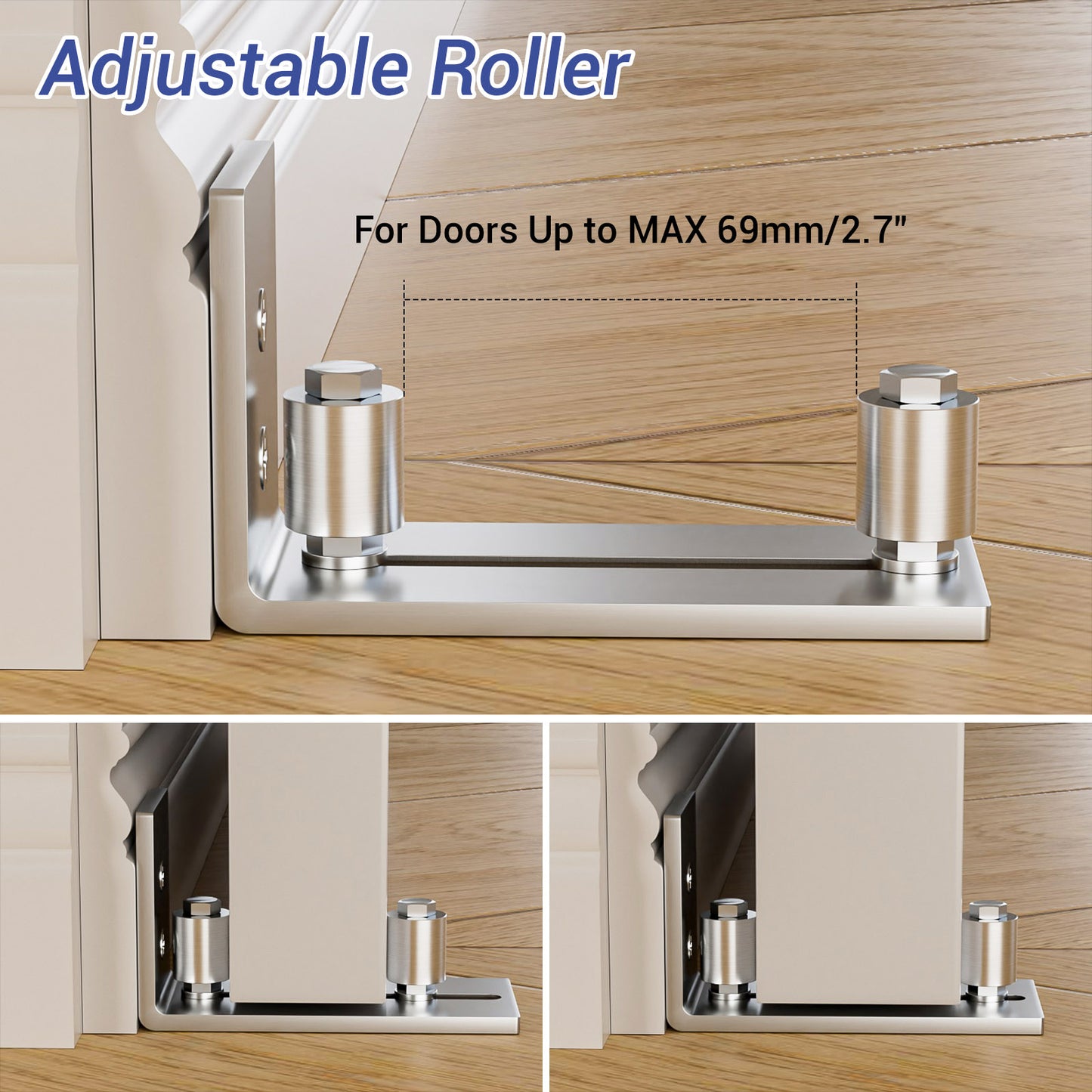 TOIMIOTOIM 1 PC Barn Door Bottom Floor Guide, Adjustable Roller Wall Mounted Stainless Steel Sliding Door Guides for Door Thick Up to 2 1/8" Easy Installation and Smooth Sliding Operation