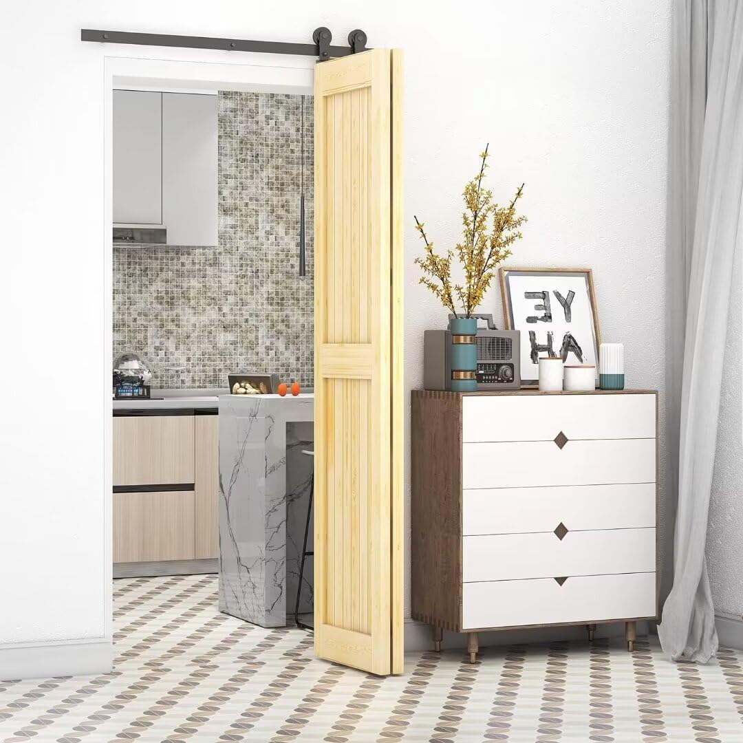 48" Bi-Folding Sliding Barn Door Hardware Kit, 4FT Bi Fold Barn Door Hardware Kit for 2 Doors, Max Door Width 22", Smoothly and Quietly, Easy to Install, No Door Panel, Black