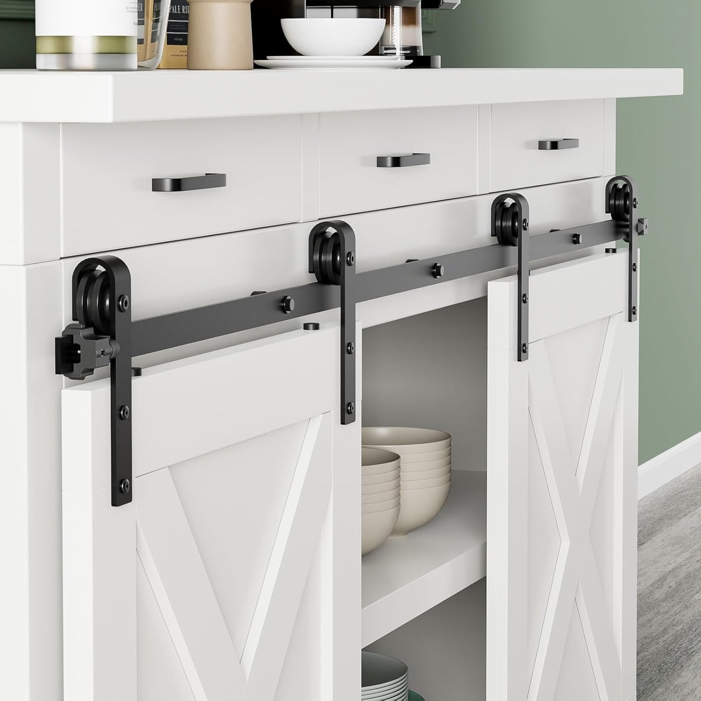 TOIMIOTOIM 6.6FT Super Mini Barn Door Hardware Kit,Small Sliding Door Track Roller Kit for Double Door Cabinets,TV Stand,Wardrobe,J Shape Hanger(No Cabinet)