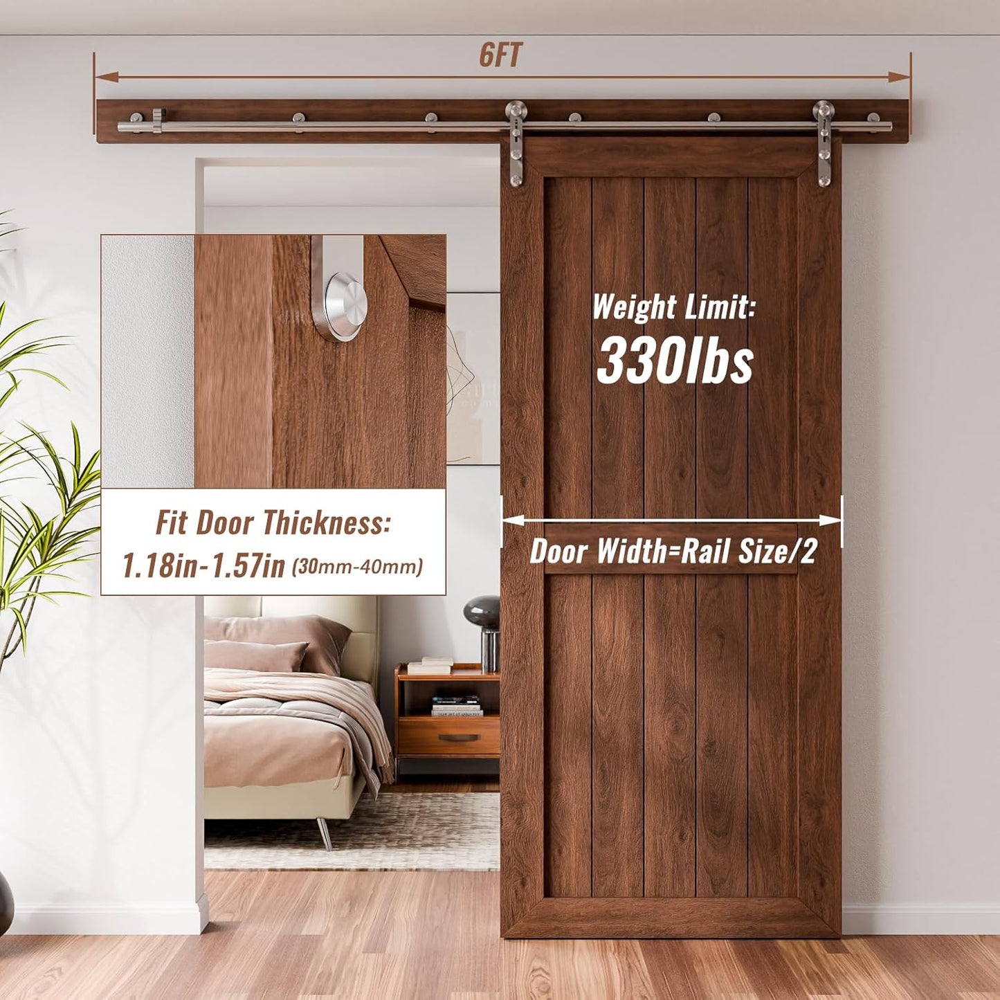 6FT Stainless Steel Sliding Barn Door Hardware Kit, Slide Smoothly Quietly,Easy Install,Heavy Duty Sturdy Barn Door Track for 36" Single Wood Door