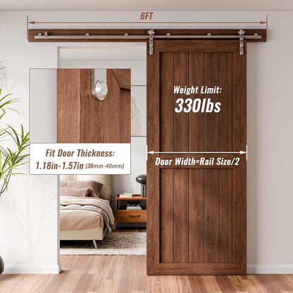 6FT Stainless Steel Sliding Barn Door Hardware Kit, Slide Smoothly Quietly,Easy Install,Heavy Duty Sturdy Barn Door Track for 36" Single Wood Door