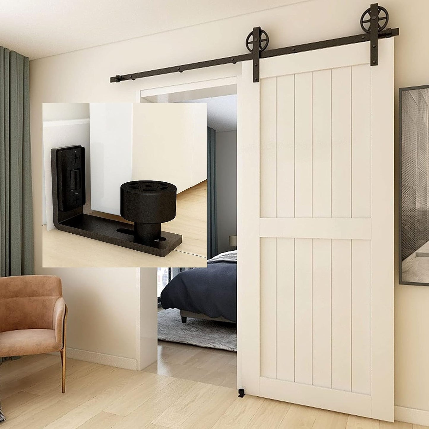 Sliding Barn Door Floor Guide Doors Bottom Wall Mount Adjustable Roller Double Wheel No Punching Required System 2 Pack Black, Smoothly and Quietly